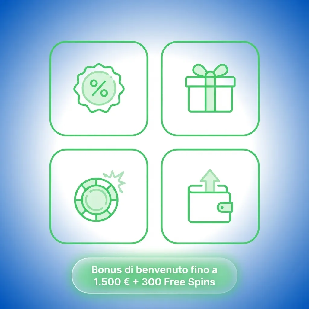 Banner promo casino: “Bonus benvenuto fino a 1.500 € + 300 Free Spins”, slot colorate e monete dorate sullo sfondo