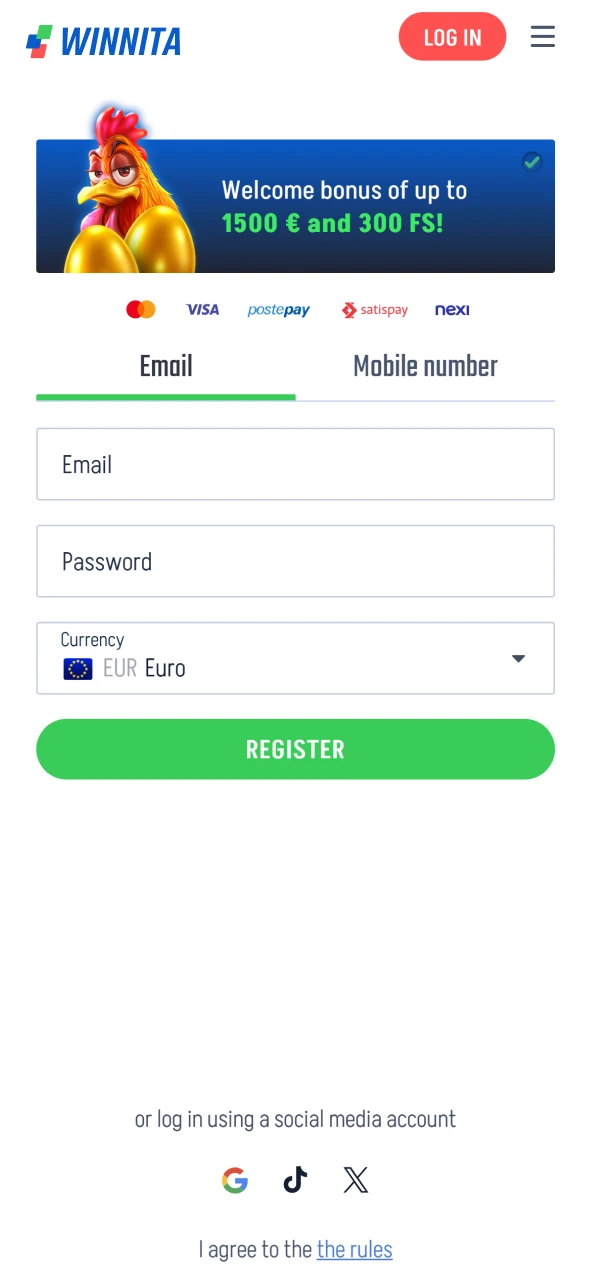 Modulo di registrazione sull'app Winnita